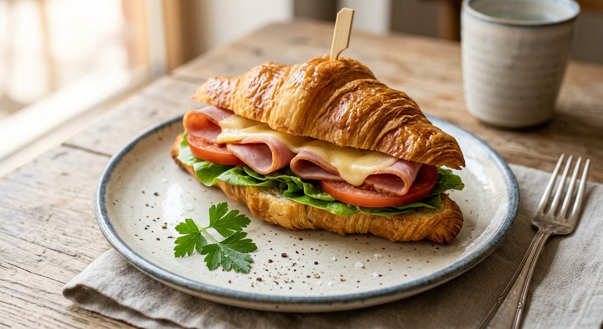 Croissant sandwich with ham, cheese, tomato and lettuce