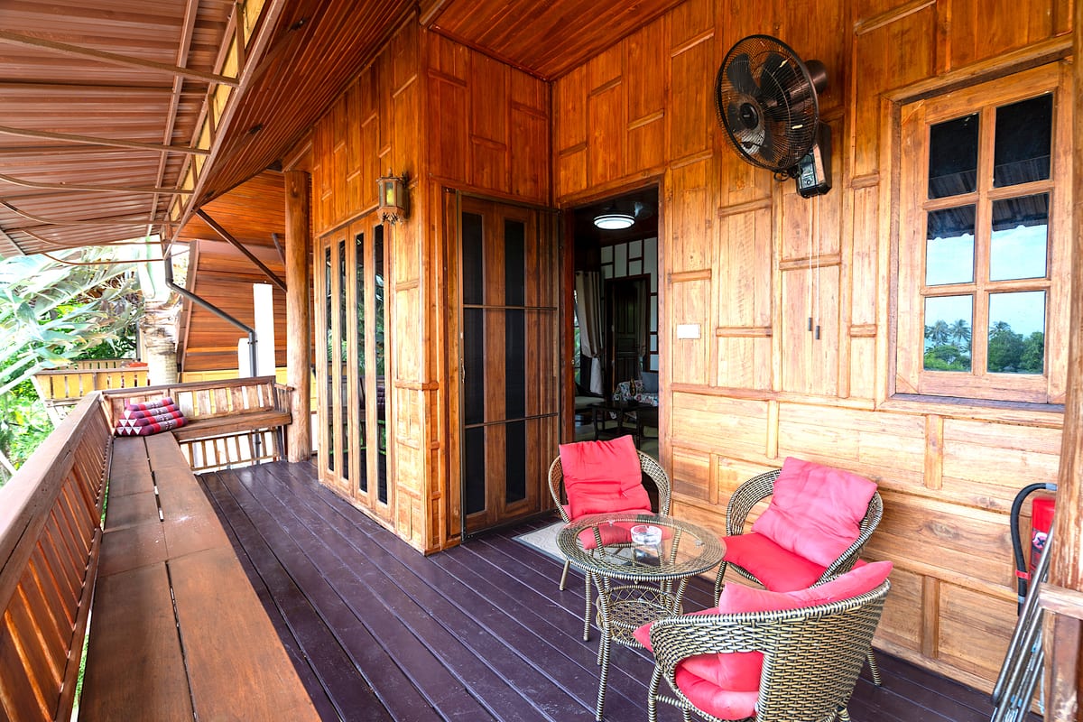 balcony seats and cooling fan — 1st floor of Villa Ayutthaya, private pool villa in Koh Lanta