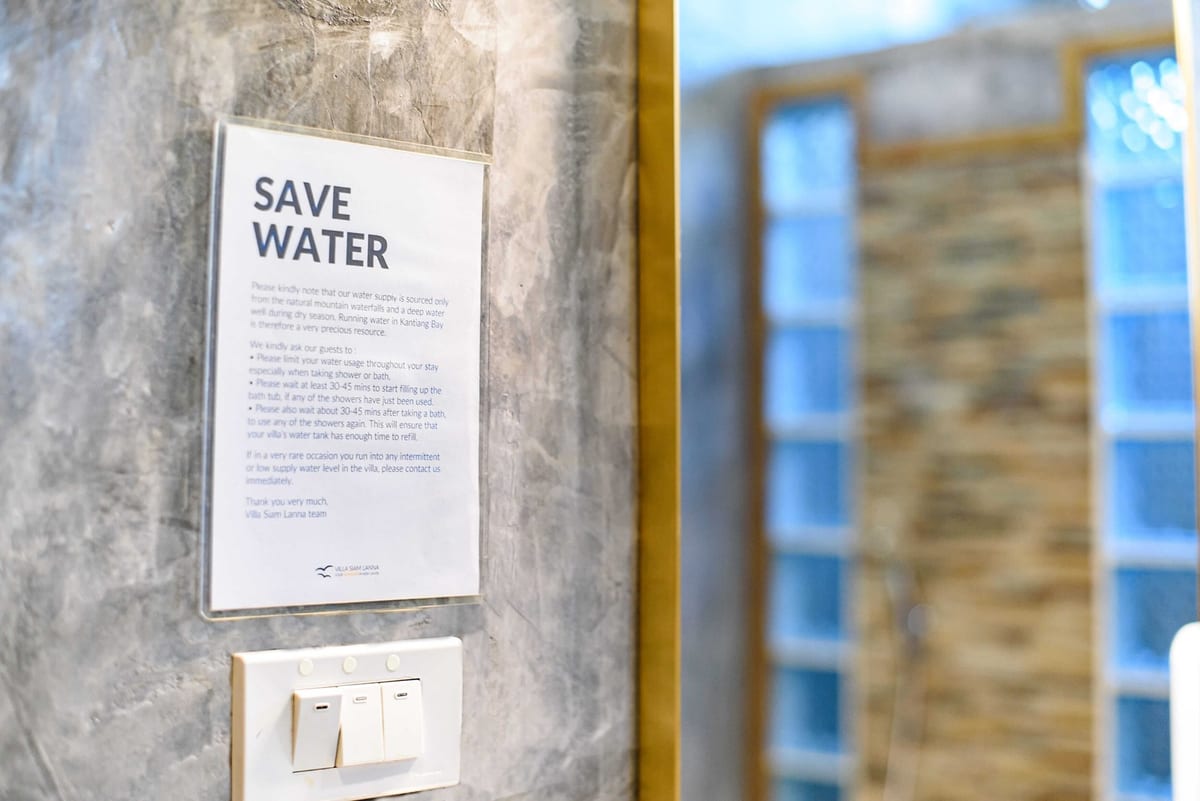bathroom save water notice — 1st floor of Villa Siam Lanna, private pool villa in Koh Lanta