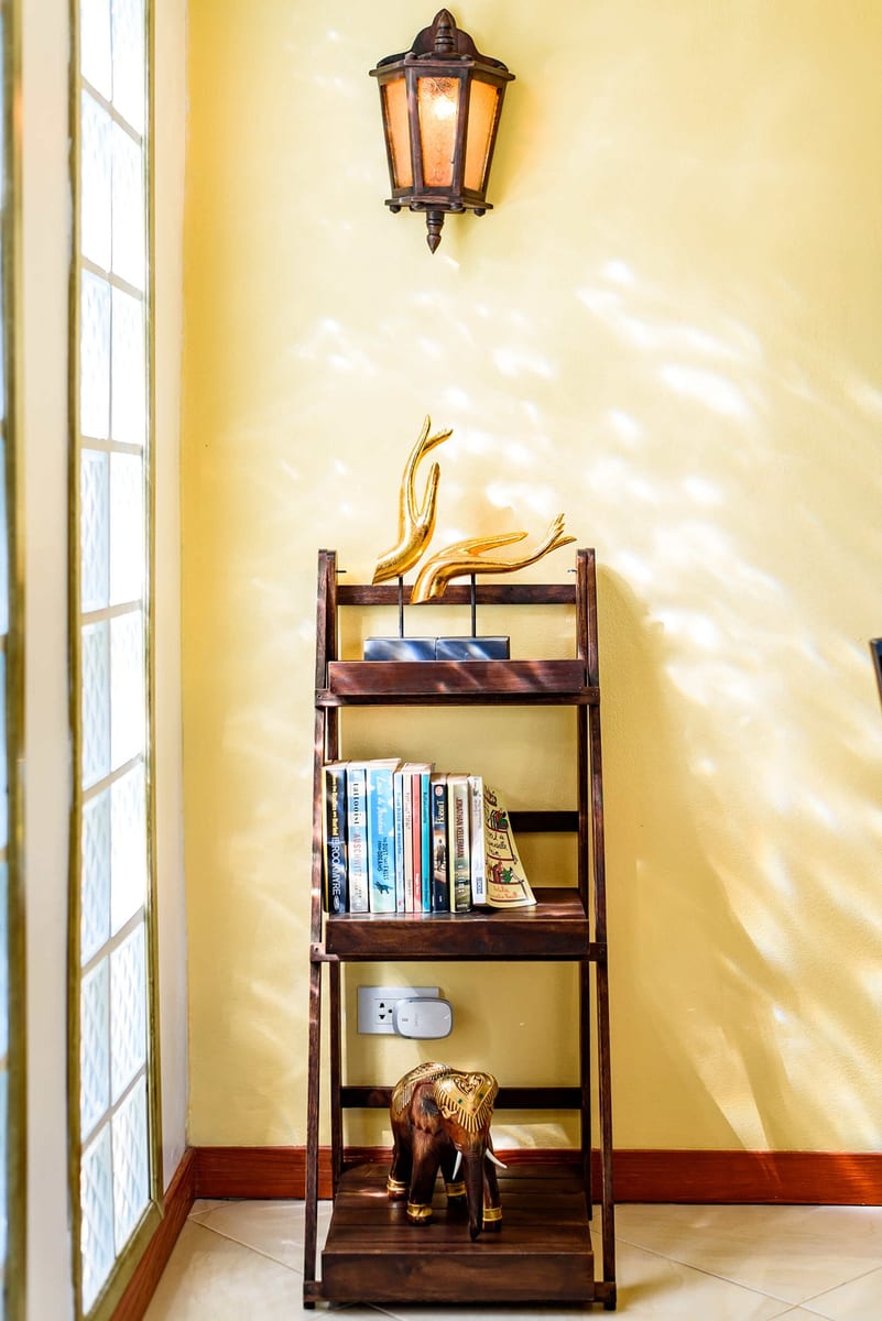 living room wood shelf close up — 1st floor of Villa Siam Lanna, private pool villa in Koh Lanta