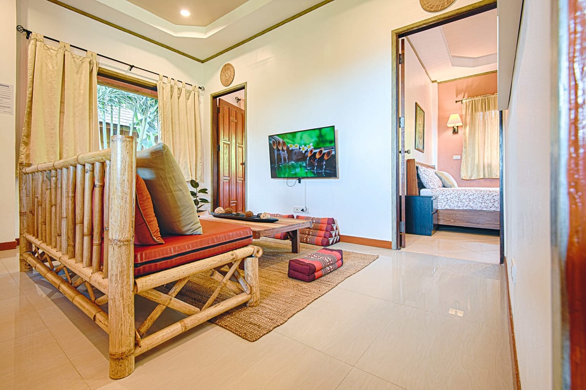 bamboo sofa overview — 2nd floor of Villa Siam Lanna, private pool villa in Koh Lanta